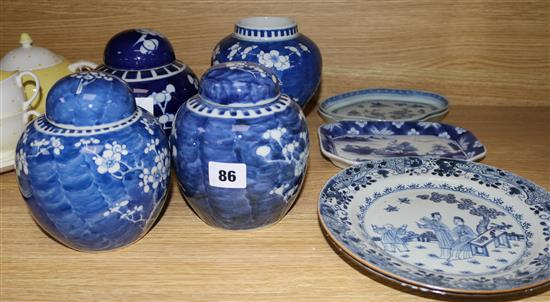 Three Chinese prunus pattern jars, a vase and five assorted dishes